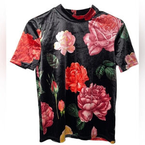 Zara Trafaluc Women's Top Size Small Shiny Black Floral Crushed Velvet Mock Neck